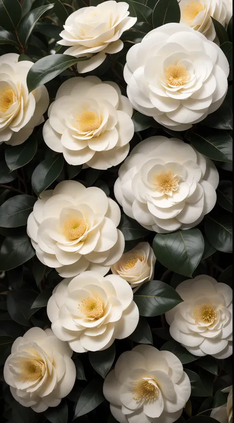 Countless white camellias bloom in the bushes，sun shining through clouds，Sprinkle on the sea of flowers，The surrounding fields and green hills serve as a backdrop，（White Camellia 1.5），Cinematic texture，Tano，blossoms，beautiful flowers growing，beautiful aest...