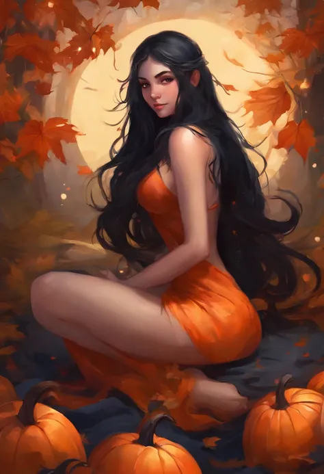 Girl sitting with pumpkins,leafs on ground, naked, tits, side boob, big booty, playing , dark lit, black candles, thin stomach, big hips, long black hair, side view