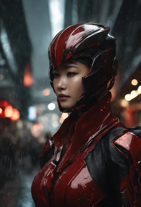 1 japanese girl, WARFRAME, intricate pattern, heavy metal, energy lines, faceless, glowing eyes, elegant, intense, blood red and black uniform, solo, modern, city, streets, dark clouds, thunderstorm, heavy rain,, dramatic lighting,, (masterpiece:1.2), best...