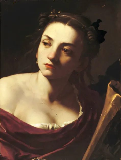 artemisia gentileschi can you render her face. Remove cracks on the face fine tune it in a renaissance style. Render her skin smooth. Make sure that her skin is contour. Pupils in her eyes  glare. Also make the background smoother.