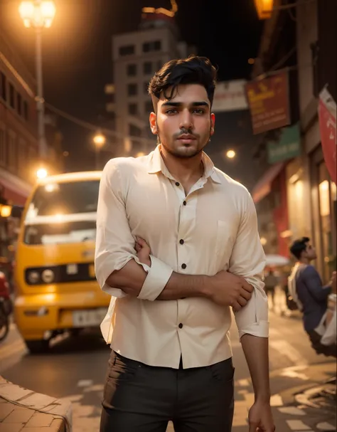 (((desi boy))), chubby face, natural skin, wearing hot deep neck top and shirt, charming black hair, ((hair ends are blonde)), city streets background, bokeh