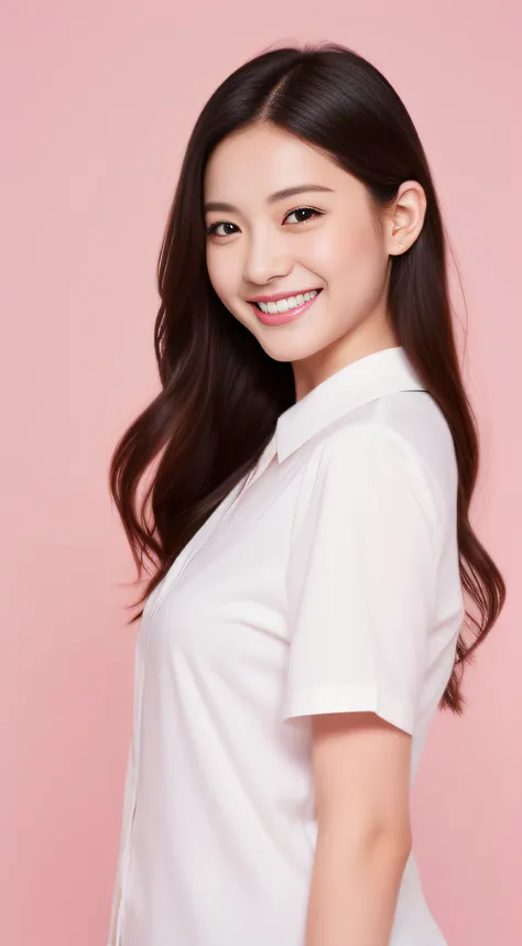 Miss Cabaret、businesswoman、white  shirt、hiquality、A hyper-realistic、healthy、Smiling expression、Slender perfect figure、Japan beauties、beautidful eyes、face perfect、Beautiful skin、Pink background