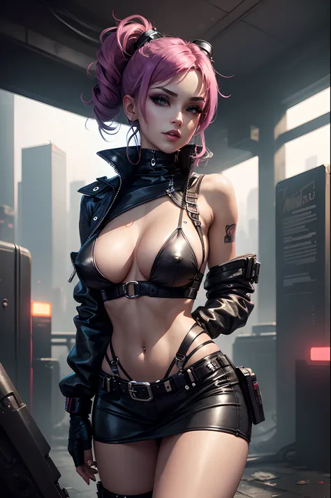 A photo of a seductive femme fatale with cyberpunk fashion, amidst a grim and gritty dystopian cityscape, revealing her midriff with an air of rebellion and confidence, sexualized, full Lolita, erected nipples, tiny waist, full provocative, seductive, kink...