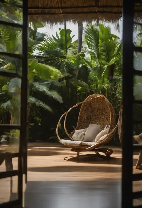 Use the chair shown in the picture I uploaded - a man is relaxing on the island of Bali, sitting on this chair, the chair is swaying, the chair is made of environmentally friendly material. He feels like he’s in the forest, but the man is sitting at home b...