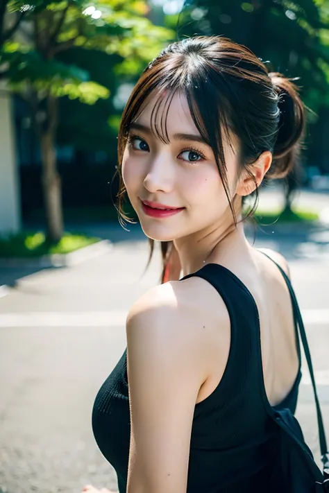 top-quality、超A high resolution、(Photorealsitic:1.4)、女の子1人、Black tight dress、Onepiece、(faded ash gray hair:1)、(huge-breasted:1.2)、looking at viewert、a closeup、model in Japan、I see a little cleavage、full bodyesbian、beauty legs、simple background、Turning aroun...