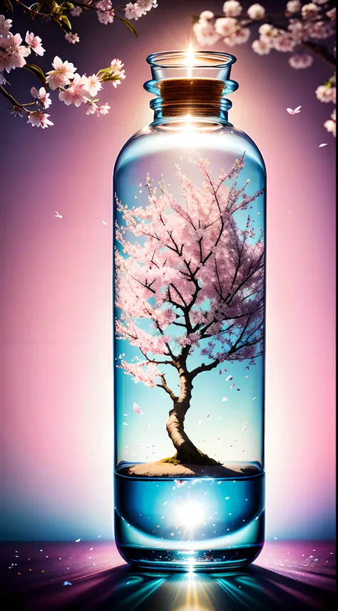 Cherry blossom tree in a bottle, Fluffy, Realistic, Atmospheric light refraction, author：Lee Jeffries Nikon D850 Film Stock Photo 4 Kodaport 400 Camera F1.6 Shots rich colors Ultra-realistic realistic textures Dramatic lighting Trends on Unreal Engine ArtS...