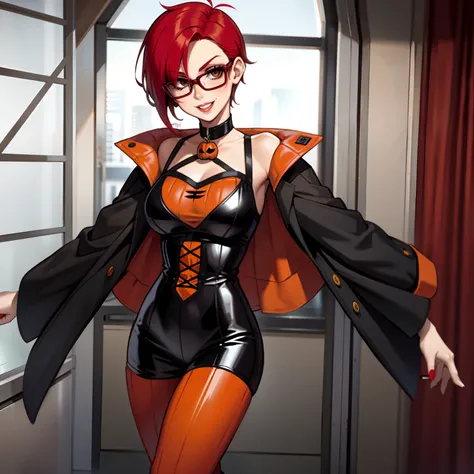 female with short short shaved bright red hair, wearing halloween themed outfit, wearing glasses