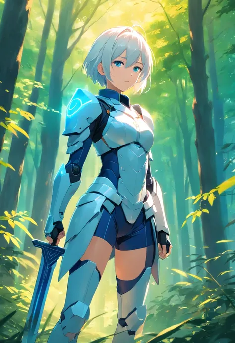 short white-haired girl in full body armor, holding a longsword on the right side of her hand, mit blauen Augen und einem leeren, emotionslosen Blick  (ultra realistisch:1.5), (Stehen im Wald:1.2), (Nahaufnahme Foto:1.5)  (kompliziert:1.2), (Blick in die K...