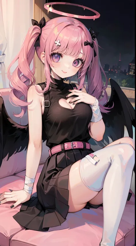 fullbody, 1 girl, floating sitting pose, ((pink halo,)) purple hair, ((messy Hair)), (((Unkempt hair))), ((big sized twin tails)), ((blunt bangs)), big black hair bow, big smile, white goth tight sweater with boob window, black harness on chest, chest harn...