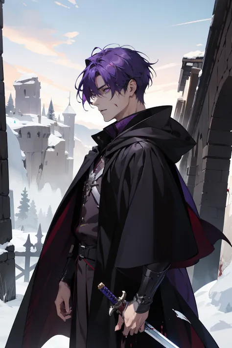 (absurdres, highres, ultra detailed), 1 male, adult, handsome, far Shot dawn side view Purple hair and eyes. Scar on face black cloak pointing sword out blood far shot view from the side looking at the character side perspective slightly regal