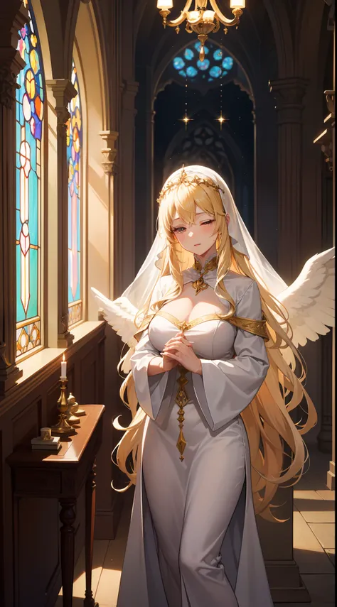 masterpiece,(bestquality),highlydetailed,ultra-detailed,in a gothic cathedral,spiritual atmosphere,in the presence of God,soft daylight coming through stained glass windows,angelic halos,mature female,milf,mature,blonde hair, wavy hair with big curls, long...