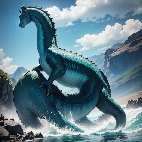 a blue/green serpant water horse like creature with a rocky mountain laying on its back, ascending from the ocean. loch ness monster type of feel to it.