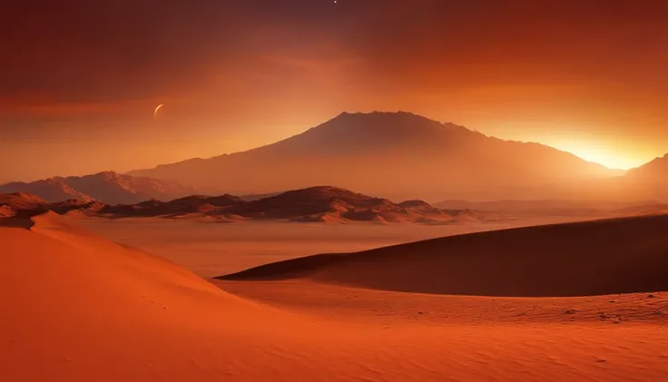 Arid planetary surface, Alien desert, with mountains on the horizon, una colonia futurista con viviendas muy distintas a lo lejos, un planeta rojo y naranja en el firmamento, Heavy atmosphere, calor, humedad, niebla, polvo en el aire, atardecer muy calient...