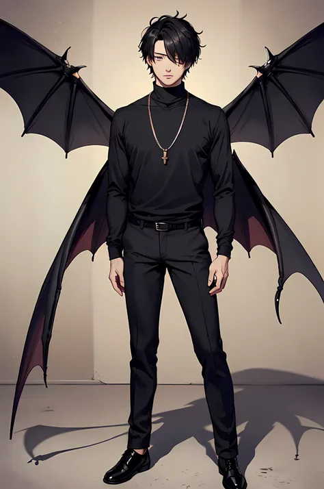 best quality,masterpiece,original,extremely detailed wallpaper,looking at viewer,1boy,solo,male,male focus,messy hair, black hair, hair under eyes, no eyes, turtleneck, black shirt,chain necklace,black pants, bat wings,fullbody,standing