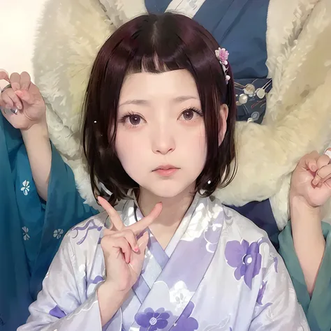 a close up of a person in a kimono outfit making a peace sign, maya fey from ace attorney, misato katsuragi, haruno sakura, yayoi kasuma, hinata hyuga, portrait of mayuri shiina, katsura masakazu, juri misaki, mai yoneyama, shuushuu anime image