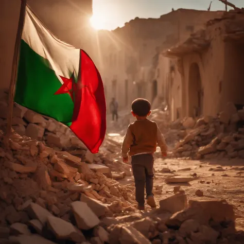 Morocco earthquake, one little boy from behind holding Moroccan flag looking at rubble and destruction, somber, hope, sunrays, (masterpiece:1.1) (best quality) (detailed) (intricate) (8k) (HDR) (cinematic lighting) (sharp focus:1.1) red and green