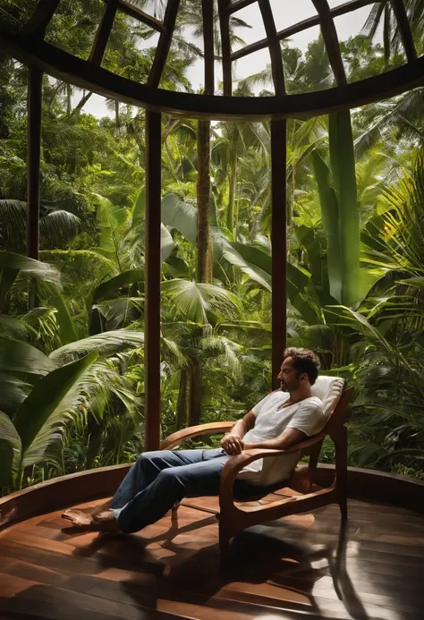 Use the chair shown in the picture I uploaded - a man is relaxing on the island of Bali, sitting on this chair, the chair is swaying, the chair is made of environmentally friendly material. He feels like he’s in the forest, but the man is sitting at home b...