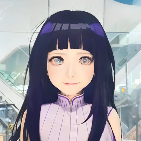 anime girl with long black hair and purple shirt in front of a city, hinata hyuga, hinata hyuga from naruto, in anime style, in an anime style, anime moe artstyle, anime portrait of shiina ringo, kotegawa yui, an anime girl, portrait of mayuri shiina, anim...