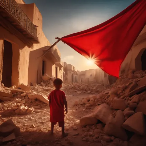 Morocco earthquake, one little boy from behind holding red Moroccan flag looking at rubble and destruction, somber, hope, sunrays, (masterpiece:1.1) (best quality) (detailed) (intricate) (8k) (HDR) (cinematic lighting) (sharp focus:1.1)