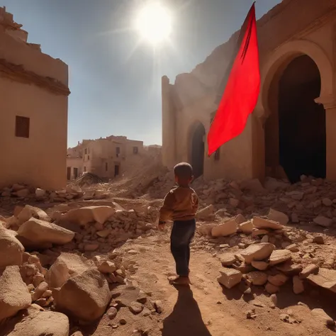 Morocco earthquake, one little boy from behind holding red Moroccan flag looking at rubble and destruction, somber, hope, sunrays, (masterpiece:1.1) (best quality) (detailed) (intricate) (8k) (HDR) (cinematic lighting) (sharp focus:1.1)