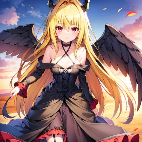 (masterpiece:1.6, best quality), (finely detailed beautiful eyes: 1.2), phyami, yamidarkness, 1girl, solo, blonde hair, wings, l...