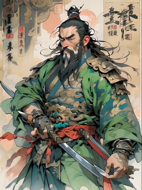 (((China-style，Ink painting method，Half-length portrait，Intense color，Han dynasty, China，Hanfu，Armor，Guan yu，Guan Yunchang，of a guy，Ruddy killing square face，Hold the Blue Dragon Moon Knife in his right hand，Stroke your beard with your left hand，Long hair，...