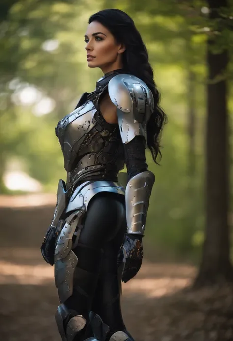 Beautiful tall woman with ultra-realistic and detailed black hair robot armor