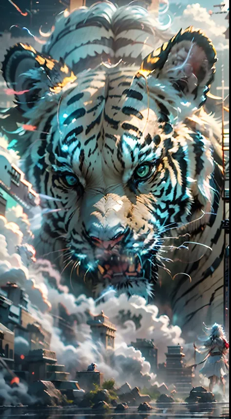 A white tiger soared into the air，（Girl Controlling a Tiger：1.3），（Girl has her back to the camera：1.3），Golden lightning surrounds，light magic，Fantastic background，Meaning background，Ridiculous background，There are artistic overlays，multicolored hair, surre...