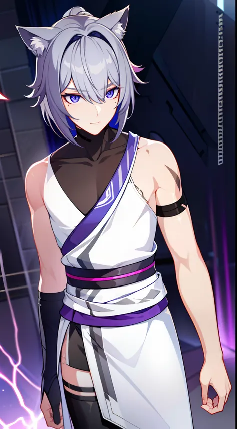 young boy, Gray tousled hair, violet eyes, cat ears, Lots of scars, Lots of lightning strikes, open torso, Body straps, Sleeveless, white kimono, Masterpiece, hiquality, high detail, HD, 4k