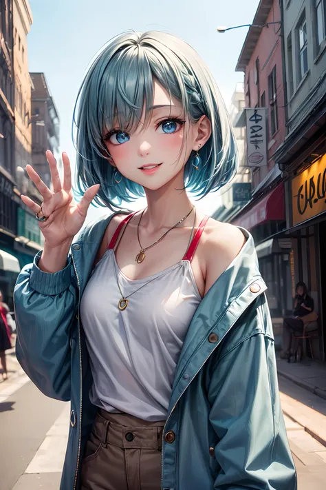 (masterpiece, best quality, high quality, highres, ultra-detailed), 1girl, bangs, bob cut, (bangs between eyes, hair cover one eye, blue eyes, aqua hair), necklace, blue earrings, blue eyes, smile, bokeh, bedroom, lipstick, mature female, (waving), morning...