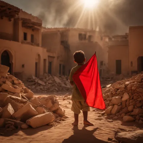 Morocco earthquake, one little boy from behind holding red Moroccan flag looking at rubble and destruction, somber, hope, sunrays, (masterpiece:1.1) (best quality) (detailed) (intricate) (8k) (HDR) (cinematic lighting) (sharp focus:1.1) green pentacle