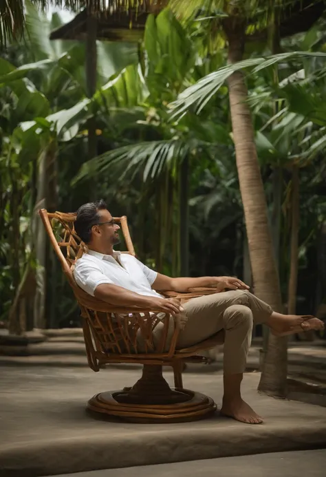 Use the chair shown in the picture I uploaded - a man is relaxing on the island of Bali, sitting on this chair, the chair is swaying, the chair is made of environmentally friendly material. He feels like he’s in the forest, but the man is sitting at home b...