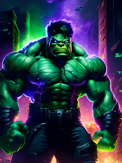 Retrato sombrio do Hulk zumbi da marvel, extremamente detalhado, futuristic cityscape, noite, glowing neon lights, smoke billowing, Sparks, Metal shavings, Detritos voadores, efeitos da energia azul, volumetric light