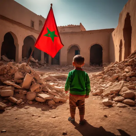 Morocco earthquake view, one little boy from behind holding red Moroccan flag looking at rubble and destruction, somber, hope, sunrays, (masterpiece:1.1) (best quality) (detailed) (intricate) (8k) (HDR) (cinematic lighting) (sharp focus:1.1) green pentacle