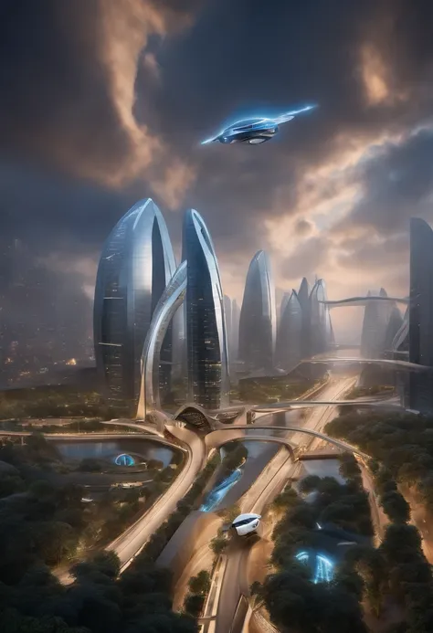 A city from the year 2100 where flying cars dominate the skies and buildings are interconnected by a complex network of high-speed tunnels. The city is powered by renewable energy sources and has advanced waste management systems that maintain a clean and ...