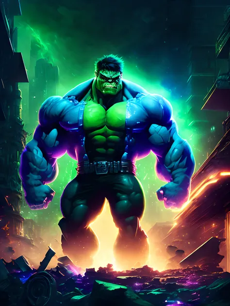 Retrato sombrio do Hulk zumbi da marvel, extremamente detalhado, futuristic cityscape, noite, glowing neon lights, smoke billowing, Sparks, Metal shavings, Detritos voadores, efeitos da energia azul, volumetric light