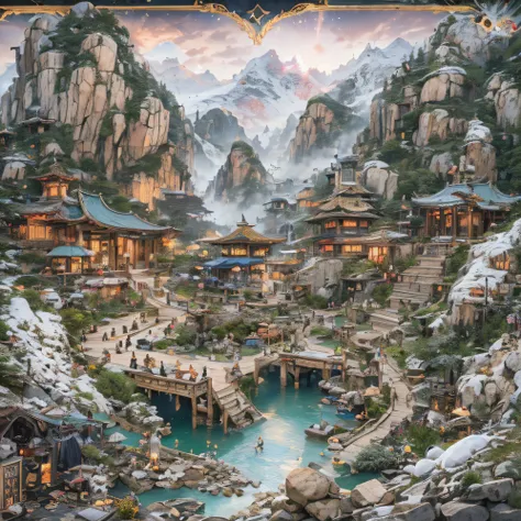 32K（tmasterpiece，k hd，hyper HD，32K）snowy peak(mont)Treasure Trove(kiosk)Close to Lam Tin(Village)，
Deadwood(Hut)Three blankets(big hall)A hole in the sky(Boulders)。
Half Ridge(kiosk)City of Flowers(kiosk)Wordless stones(stone monument)，
Wan Song(Close)snow...