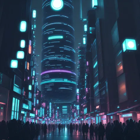 Bioluminescent and organic image in a Tokyo nighttime urban setting, with a hue of dark colors and wave synthesizers, depicting the dense utopia of the futuristic city BiophyllTech.