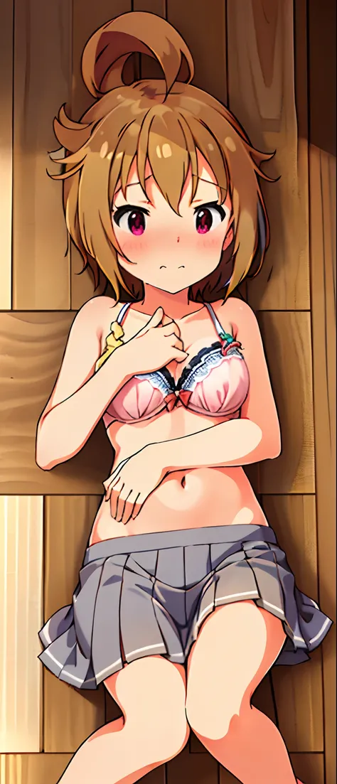 mirai kasuga (million live), (best quality, 8K, masterpiece, ultra detailed:1.2), a female, 16yo, solo,gray pleated skirt, small breasts,5 finger,look down,((embarrassed)),panty,spread legs,belly button,bra,(lie down on the floor)