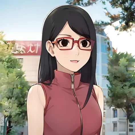 anime girl with glasses and a red top standing in front of a building, hinata hyuga, junko enoshima, as an anime character, from naruto, sakimi chan, hinata hyuga from naruto, in anime style, in an anime style, kimi takemura, sui ishida with black hair, sa...