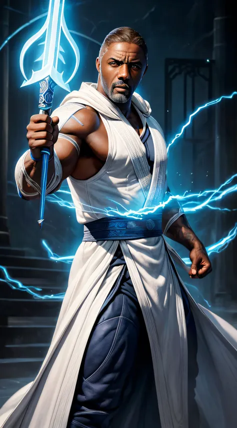 actor ((idris elba)) as raiden, mortal kombat, wears white robe, a vietnamese hat, glowing blue eyes, wields staff, god of thund...