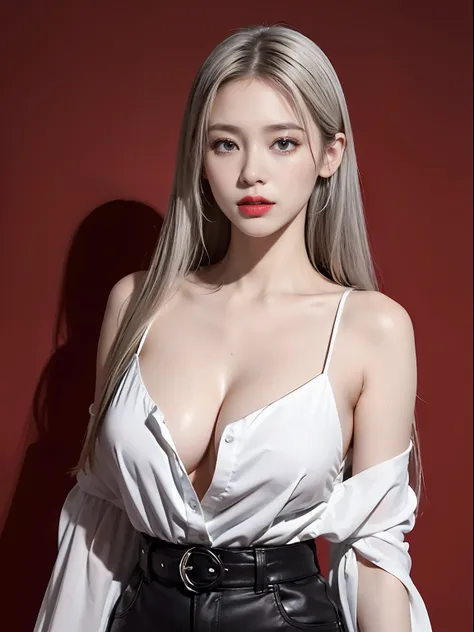 girl with, bangss, off shoulders, Black pants, breastsout, Breasts squeezed together, White background, hair between eye, huge-breasted, length hair, Look at viewers, FULL BODYSHOT, cparted lips, red eyes, The shirt, simple background, 独奏, doress, white  h...