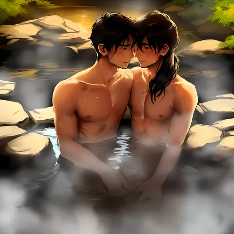 2 anime boys, onsen, hot spring, completely , pressed together, sweat,  looking at each other, nudity, nsfw