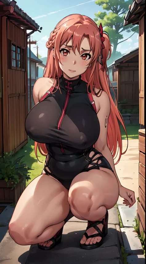 (best quality:1.3), Asuna Yuuki, (biquini preto), peituda, clivagem, (bochechas rosadas),  sedutora, rosto sexy,  sexy, body curvy, bunda grande, peitos grandes, (Pov: front), (Pose: crouched)