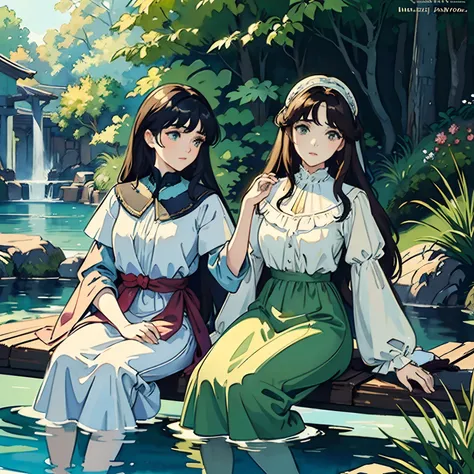 ((Watercolor by Sargent))、(top-quality、​masterpiece)、softlight、There are two women sitting on a bench near a body of water, magali villeneuve and monet, pre - raphaelites style, pre - raphaelite beautiful, pre-raphaelite oil painting, pre-raphaelite style,...