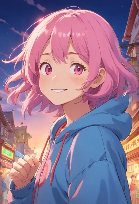 One girl in anime、20 years girl、wearing hoodies、boyish、A pink-haired、A smile、Closing one eye、Happy look、Vibrant poses