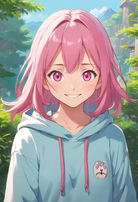 One girl in anime、20 years girl、wearing hoodies、boyish、A pink-haired、A smile、Closing one eye、Happy look、Vibrant poses