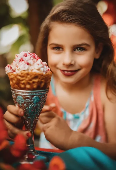 Menininha de 12 anos mostrando o peito e comendo um sorvete