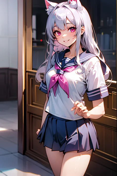 girl with、hi-school girl、Sailor Uniform、a miniskirt、silber hair、long silvery hair、Cats ears、Pink eyes、Evil smile