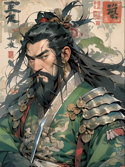 (((China-style，Ink painting method，Half-length portrait，Intense color，Han dynasty, China，Hanfu，Armor，Guan yu，Guan Yunchang，of a guy，Ruddy killing square face，Hold the Blue Dragon Moon Knife in his right hand，Stroke your beard with your left hand，Long hair，...